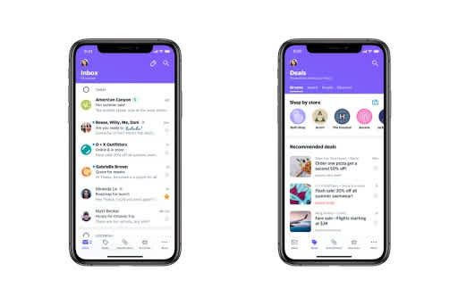 Ein mobiles Layout von Yahoo mit zwei verschiedenen Ansichten, dem primären Posteingang und Deals