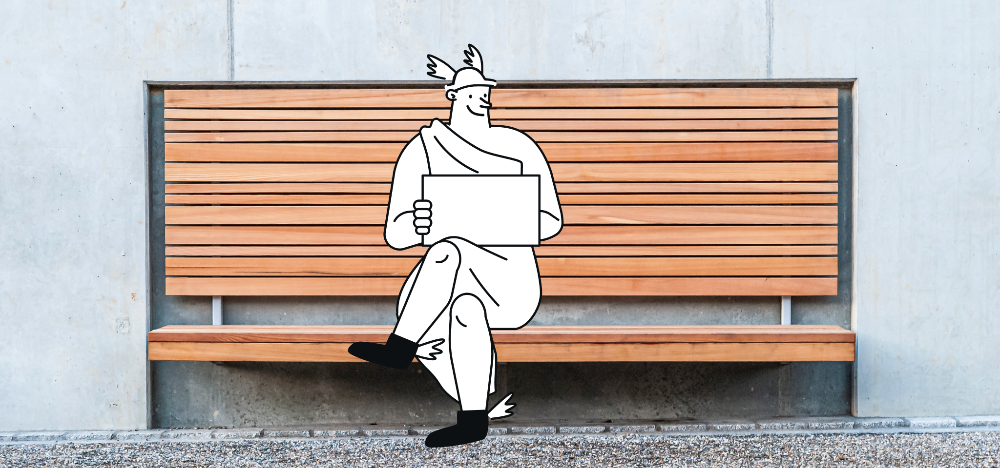 Hermes sitting on a bench with a laptop