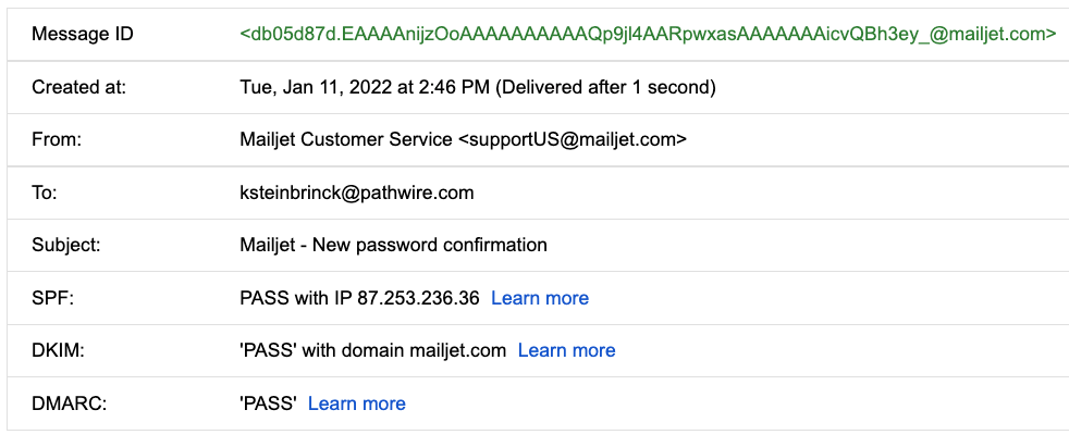 Screenshot of Gmail header info