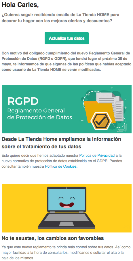 Ejemplo de email política de privacidad la tienda home