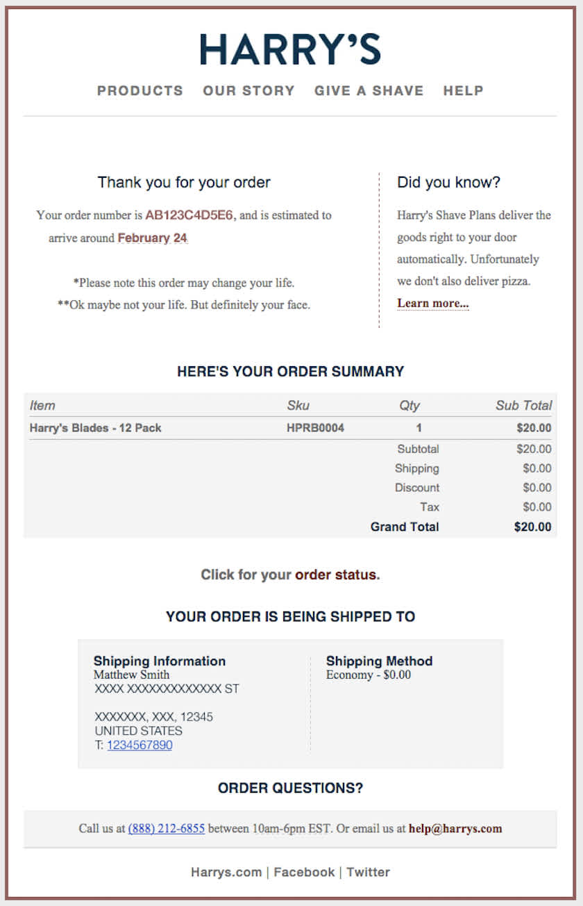 Confirmation email with order details.