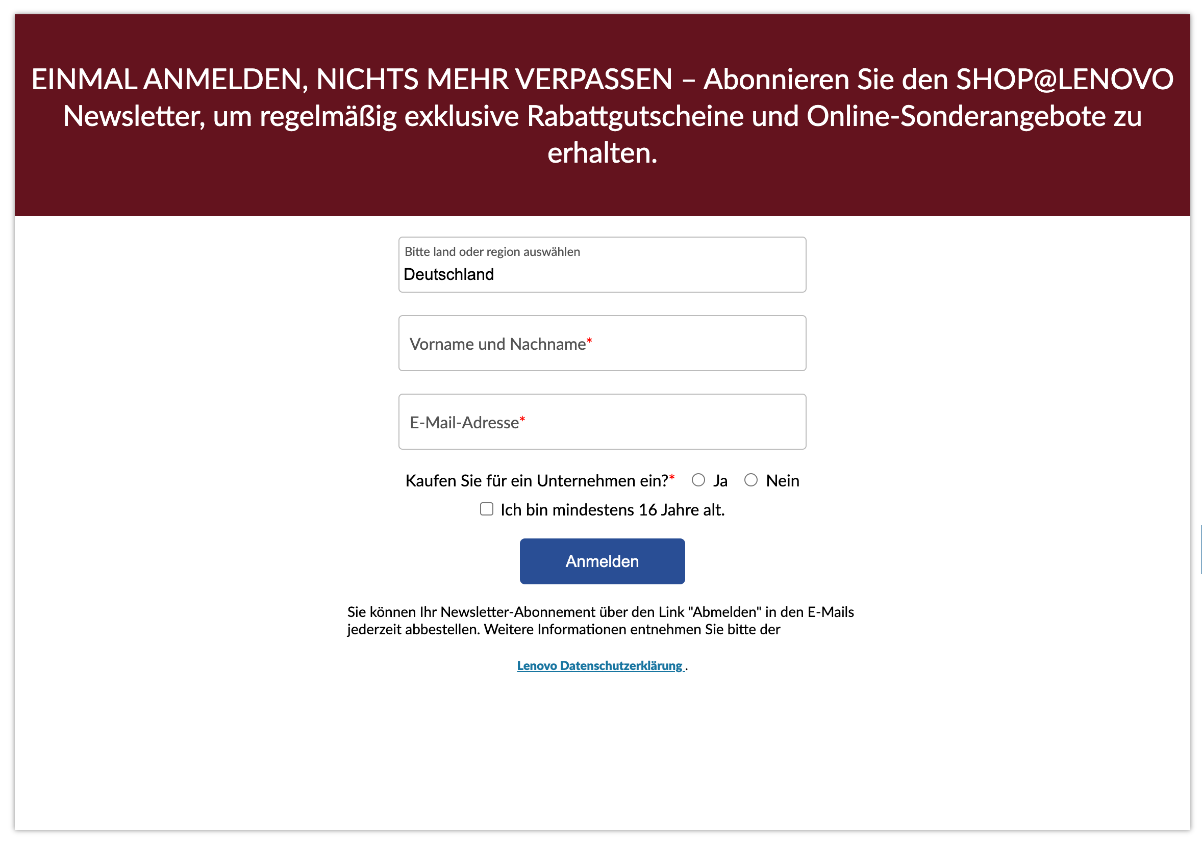 Anmeldeformular von Lenovo