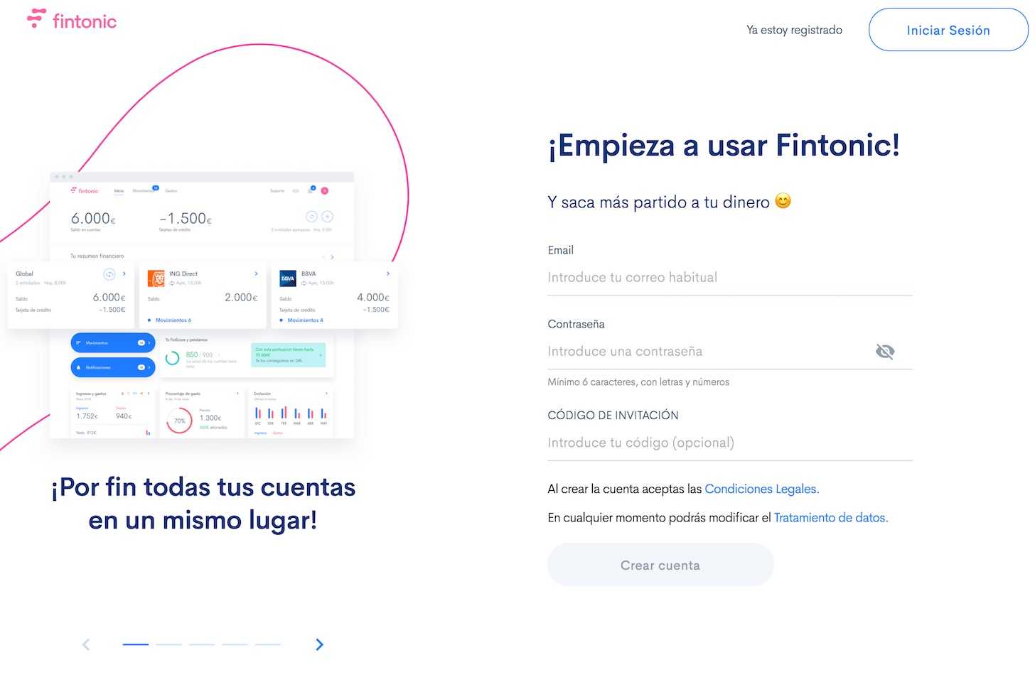 Ejemplo de página de destino para B2C de Fintonic.