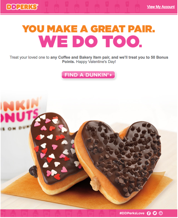 Un email de Saint-Valentin envoyé par Dunkin’ Donuts d’appréciation pour la fidélité de sa clientèle avec des beignets en forme de cœur