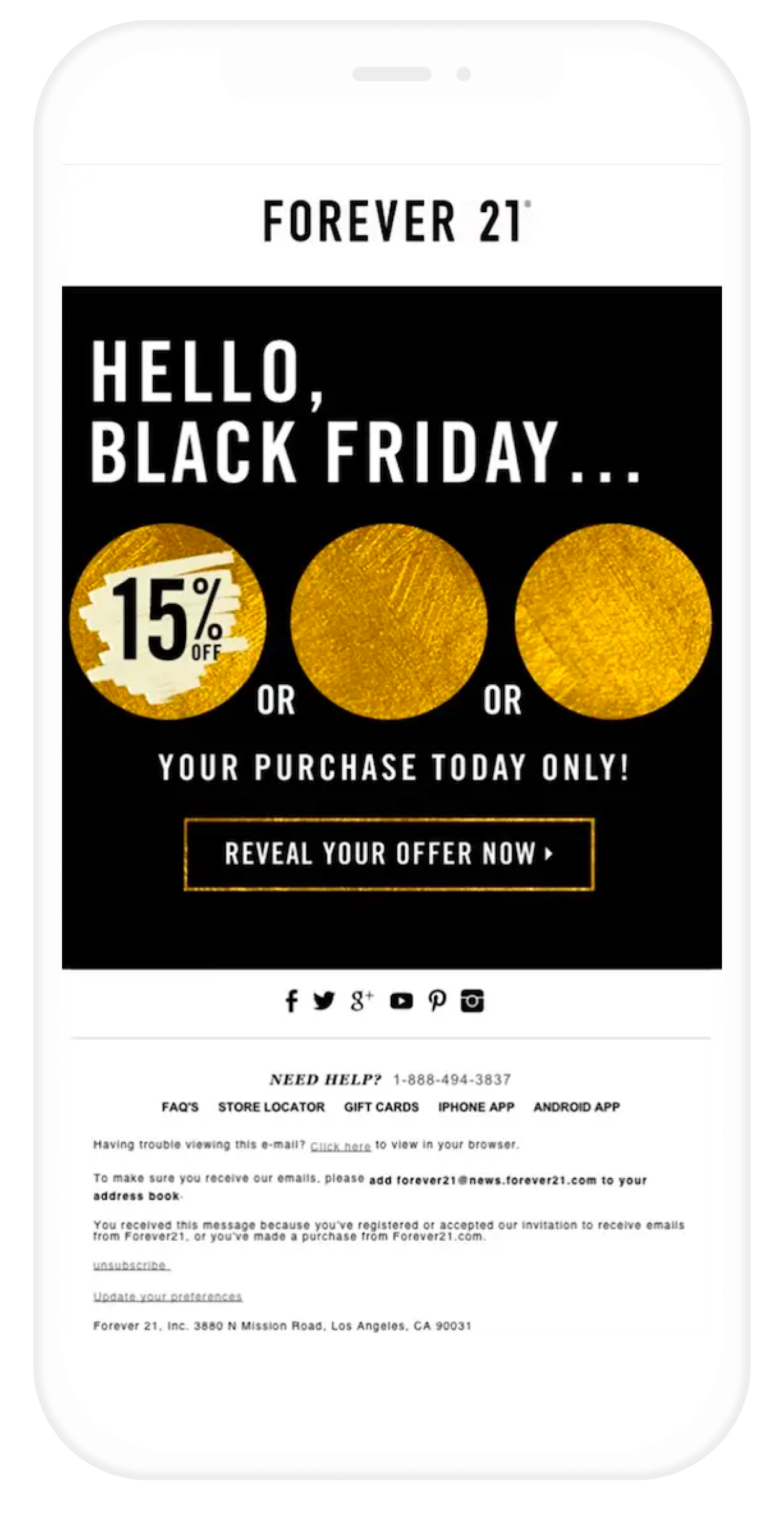 Email de Forever 21 con un rasca y gana para sus ofertas de Black Friday.