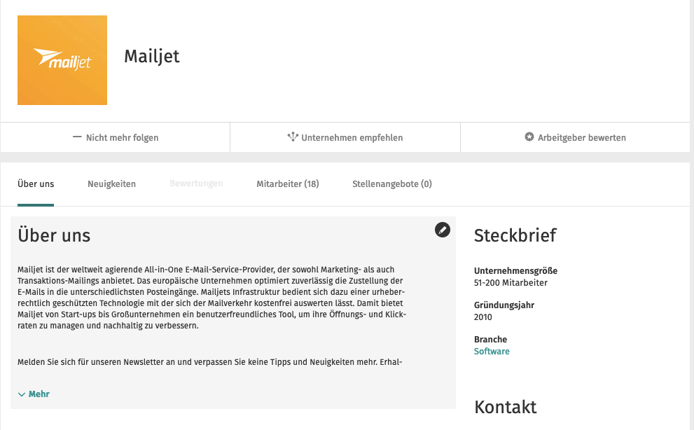 Mailjets Unternehmensseite auf Xing 