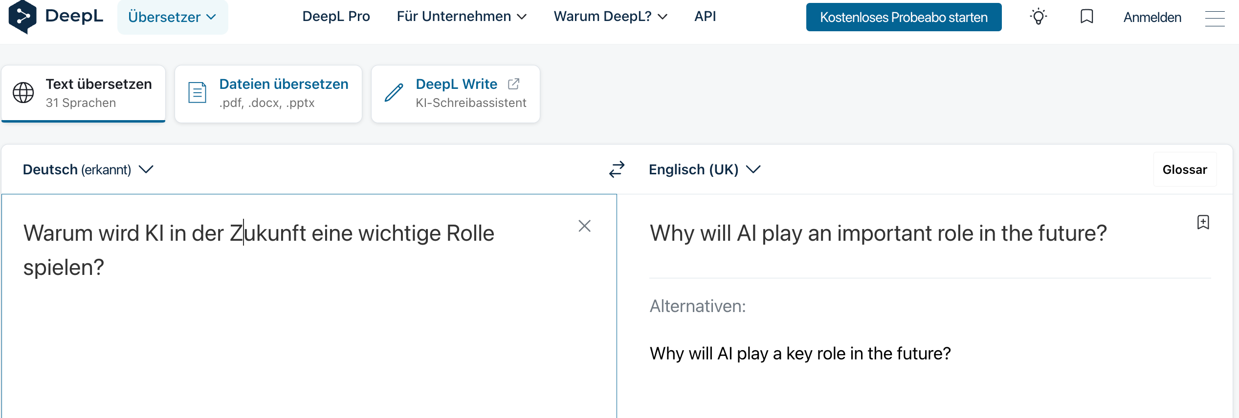 Bild, welches die Funktion von DeepL zeigt und einen Text, der von Englisch auf Deutsch übersetzt wird, abbildet