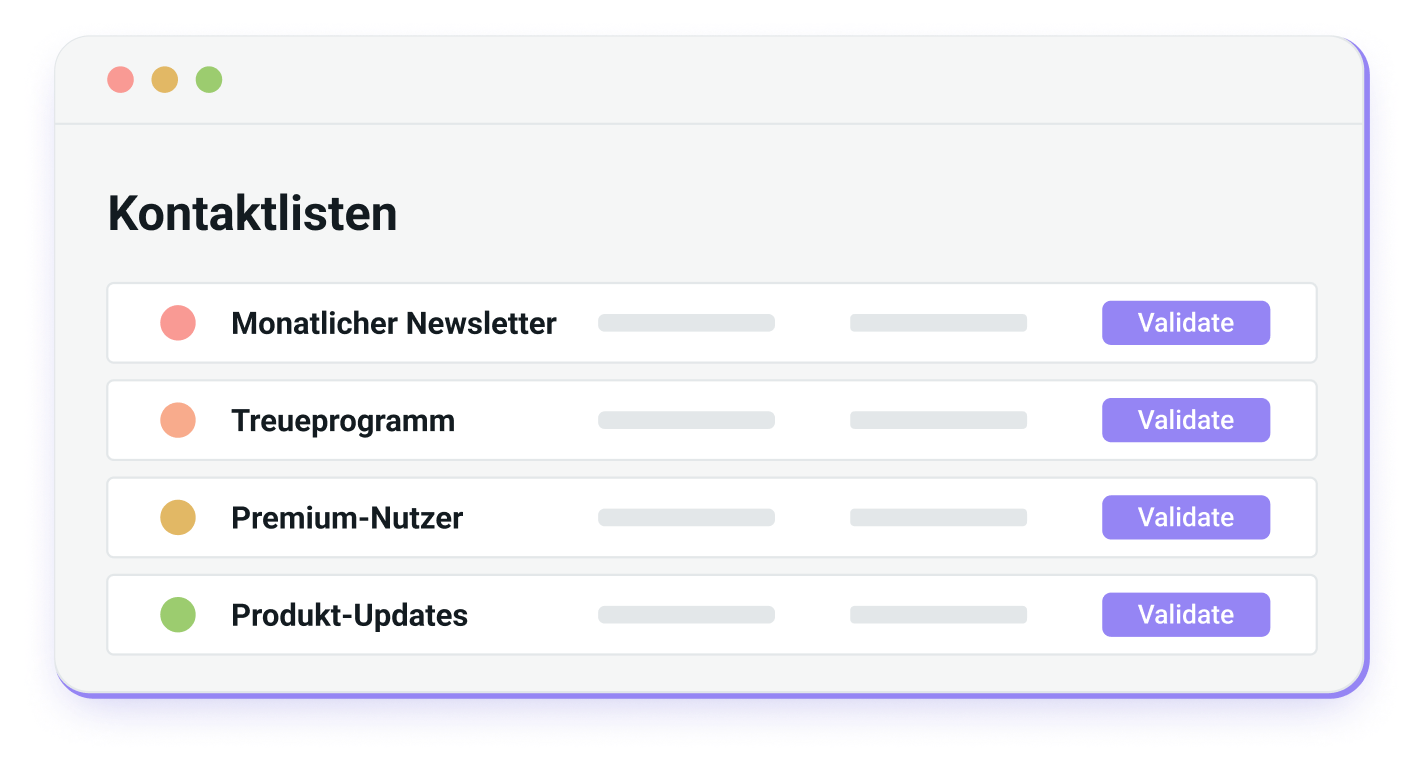 Eine Liste von Kontakten mit der Möglichkeit der Validierung