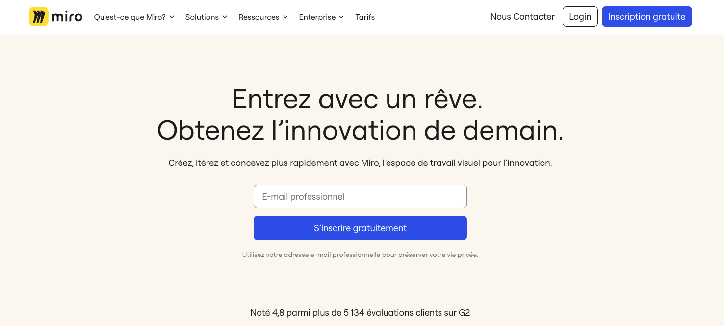 Capture d’écran d’une landing page de Miro.