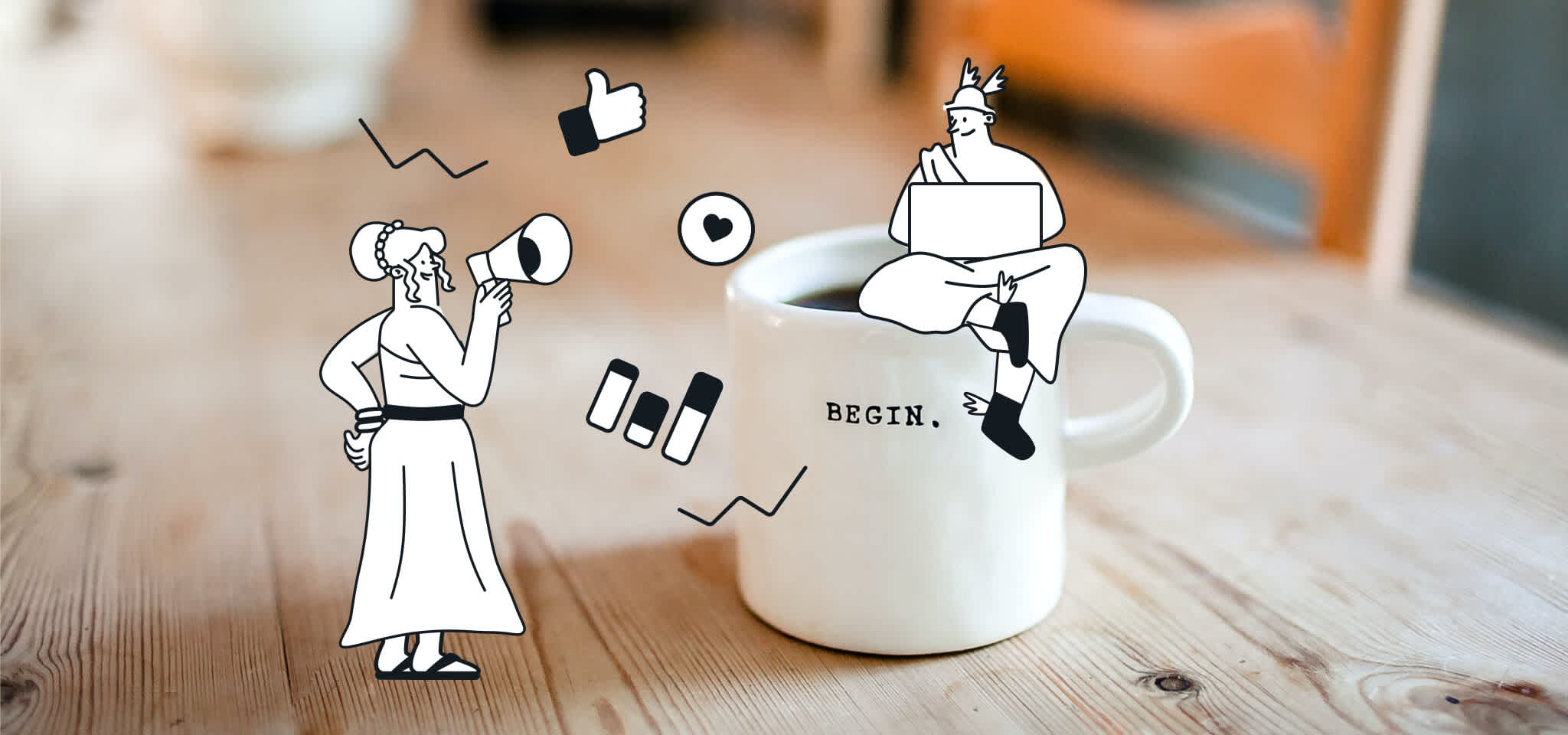 Hermès est assis sur une tasse à café tandis qu'une déesse lui parle.