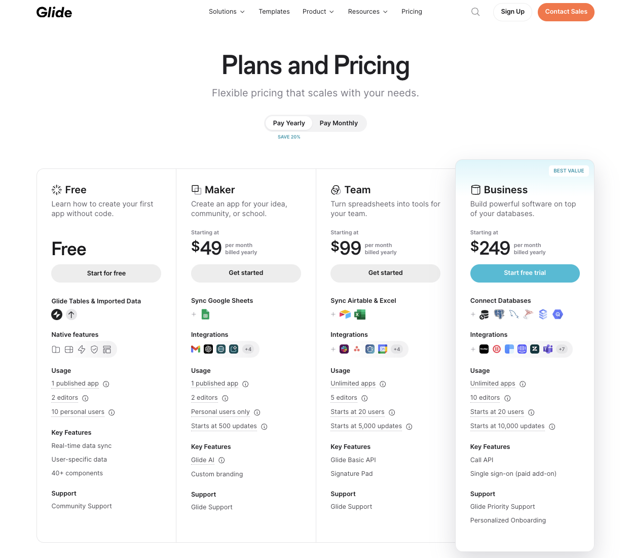 An example of a pricing page from Glide