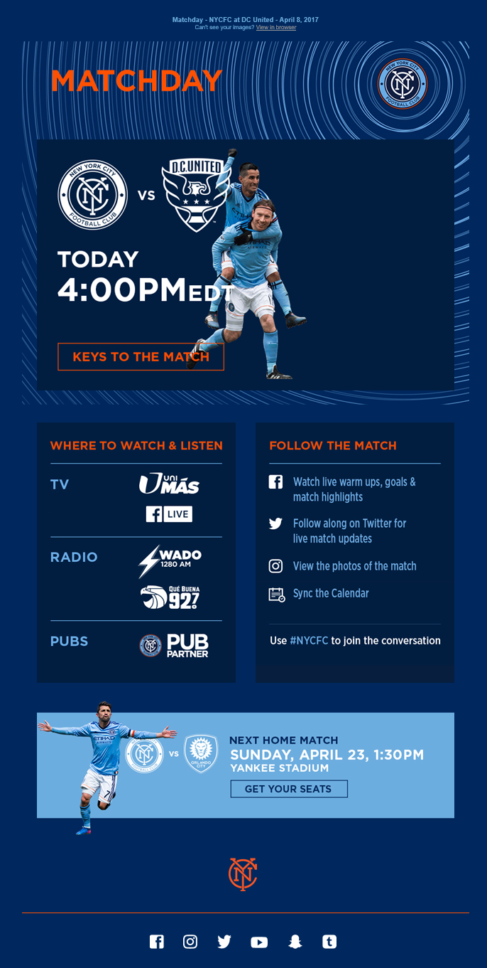 Major League Soccer matchday promotion email.