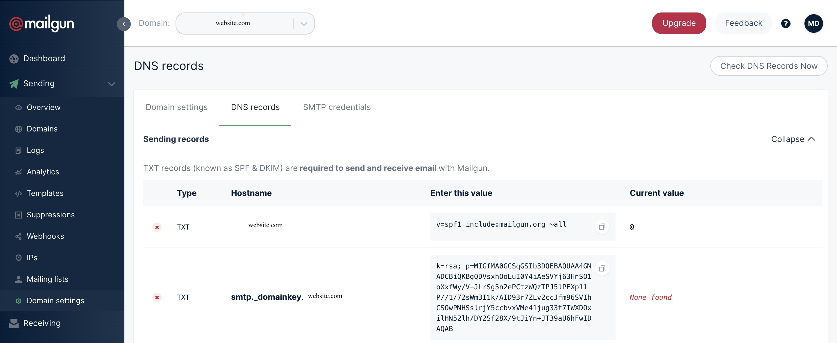 Mailgun DNS records dashboard