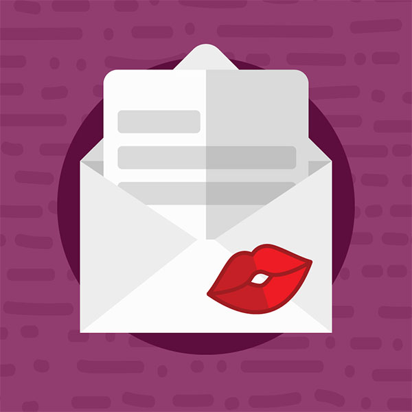 purple background with open envelope. A pursed lip illustration is on the envelope