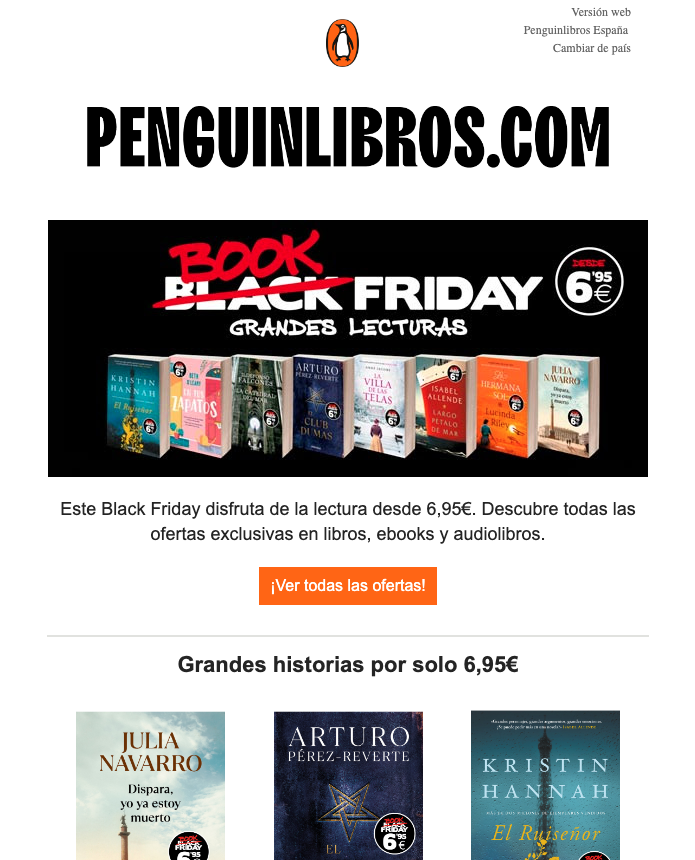 Email de Penguin Libros España donde cambian el nombre de Black Friday a Book Friday y presentan sus ofertas destacadas.