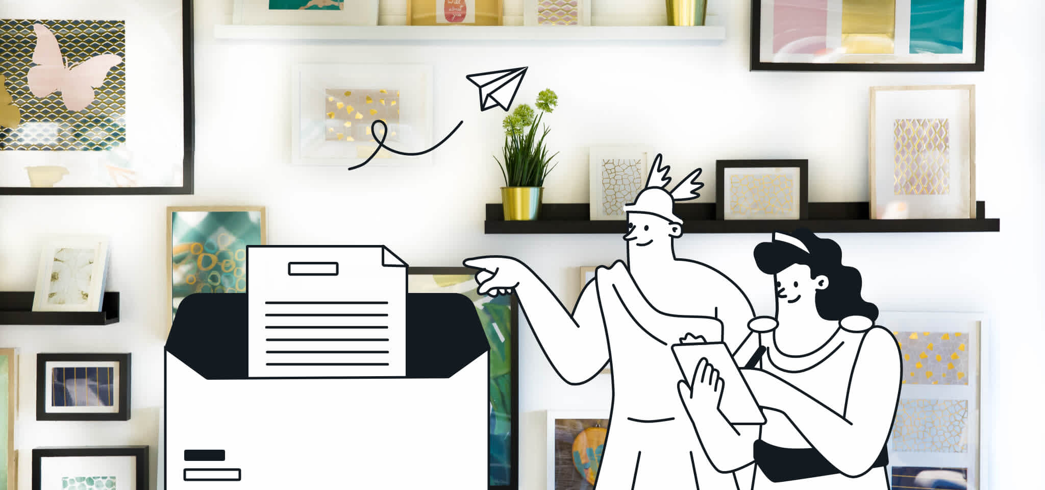 Hermes pointing on letter, Hera taking notes