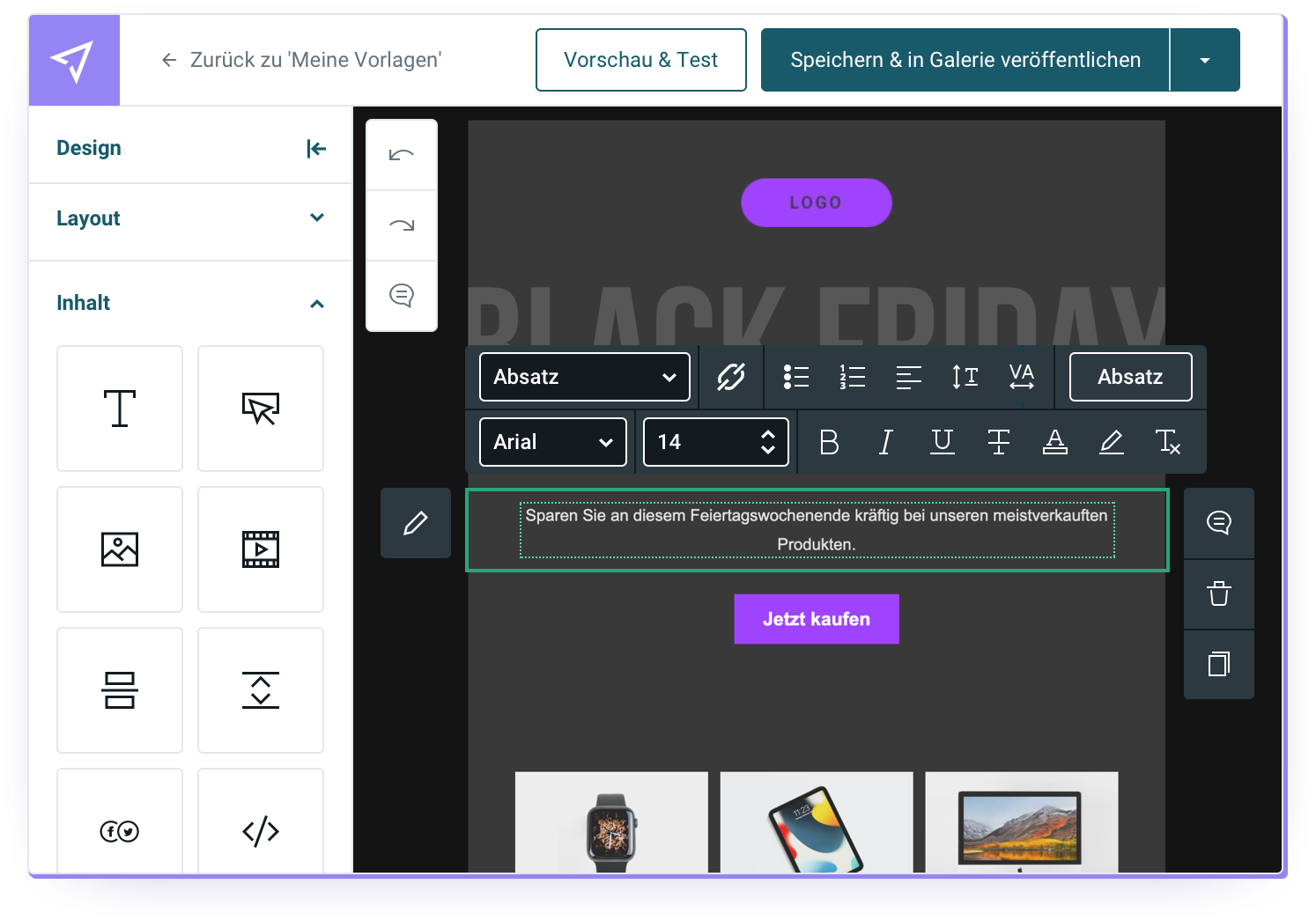 Mailjets E-Mail-Editor mit Black Friday-Vorlage.