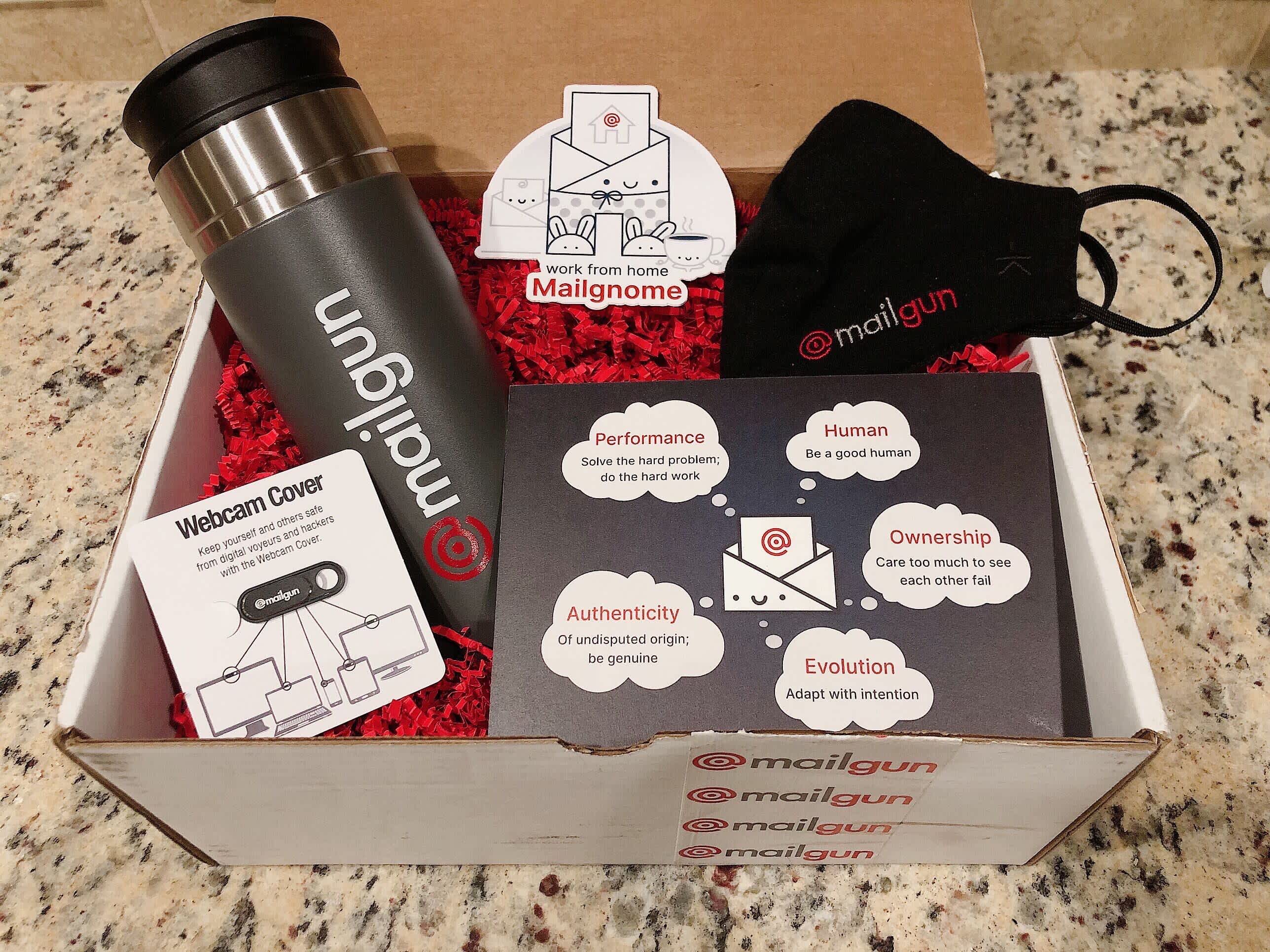 A picture of a box of Mailgun branded goodies that you can receive from the Maverick Program.