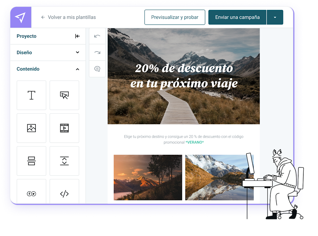 El editor de emails de Mailjet mejora tus campañas de forma continua.