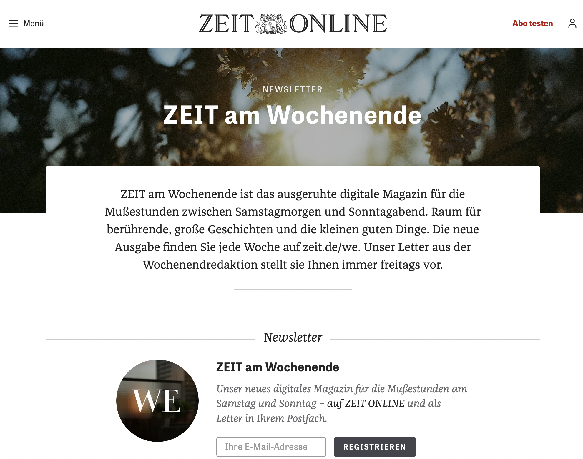 Beispiel einer Landingpage für die Newsletter-Anmeldung bei der ZEIT am Wochenende