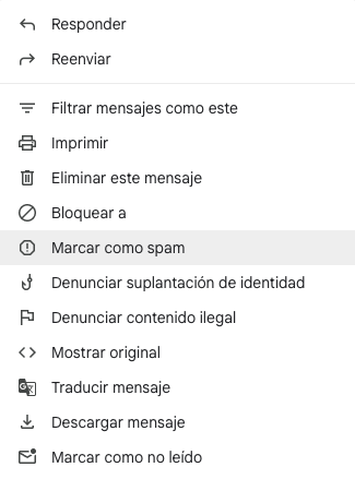 Captura de pantalla del menú desplegable de opciones para correos en Gmail