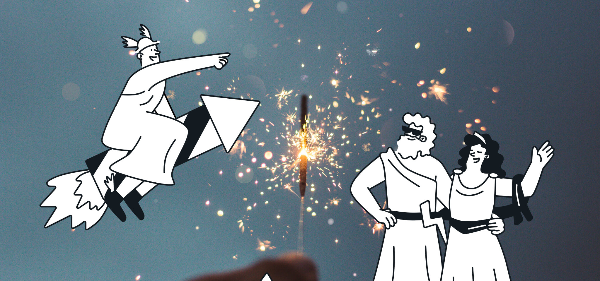 Hermes, a God, and a Goddess celebrate with fireworks in front of a firecracker