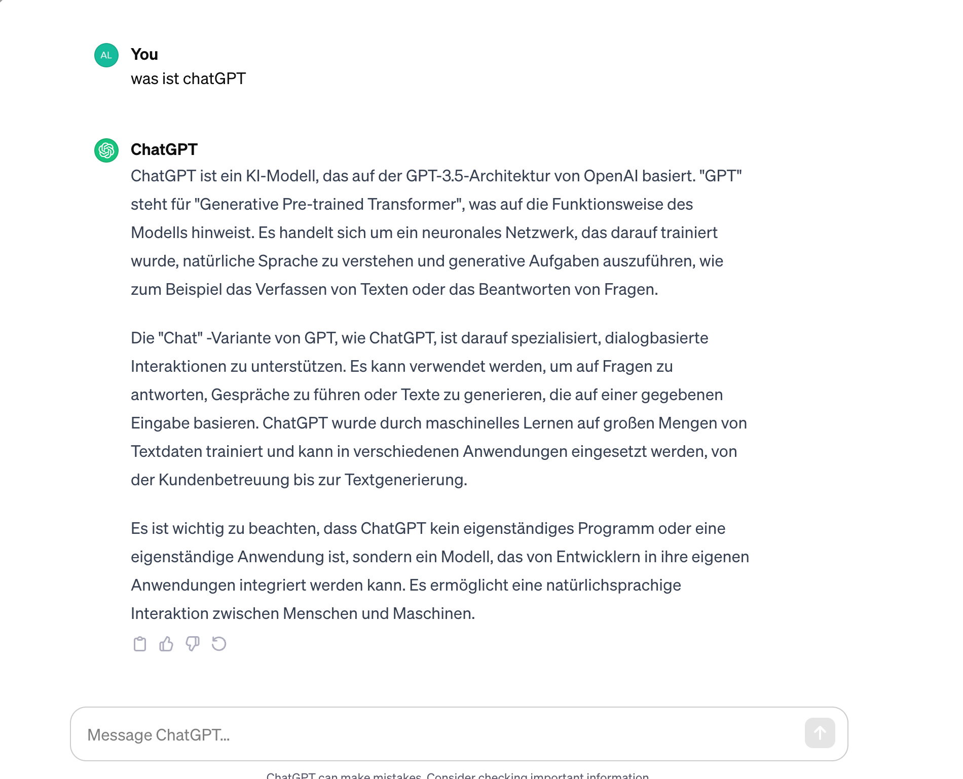 Bild, welches zeigt, wie ChatGPT die Frage beantwortet “Was ist ChatGPT”