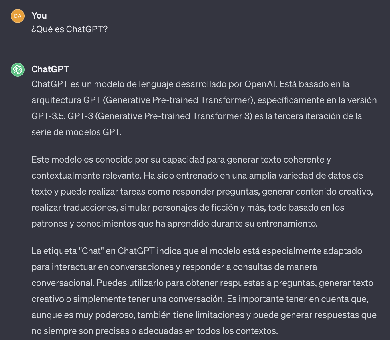 Captura de pantalla de ChatGPT respondiendo a la pregunta “¿Qué es ChatGPT?”.