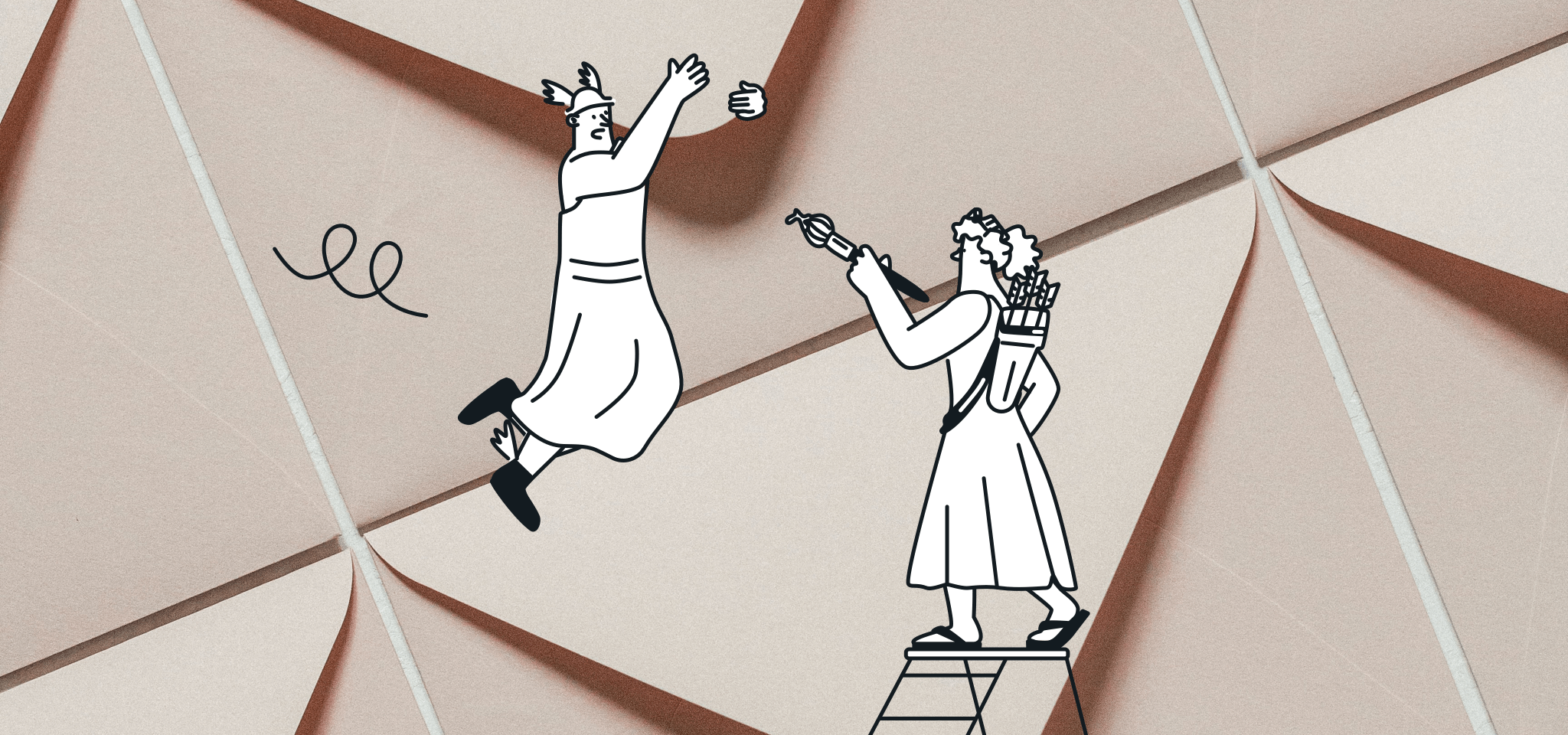 Hermès est sur le point de tomber d'une enveloppe devant une déesse debout sur des marches