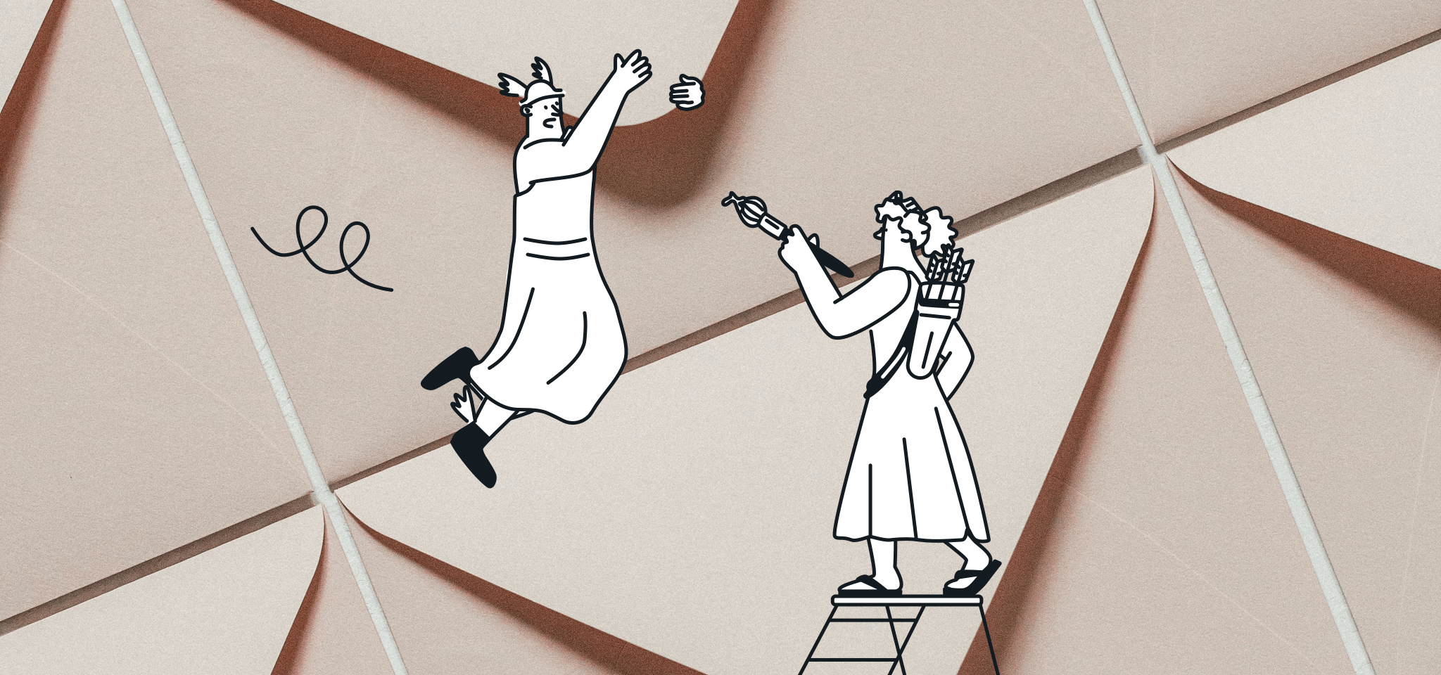 Hermes is about to fall from an envelope in front of a Goddess standing on some stairs
