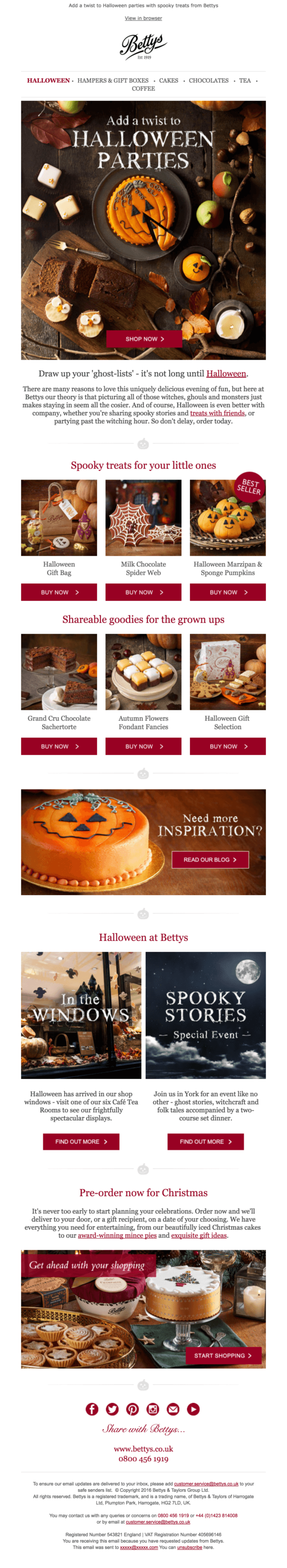 Bettys Halloween-themed email with a selection of Halloween treats.