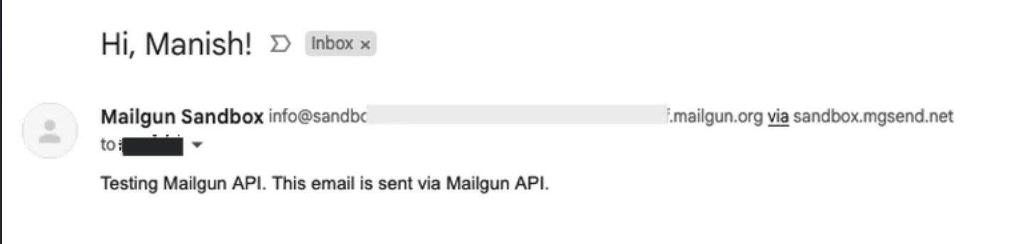 Email sent using Mailgun API