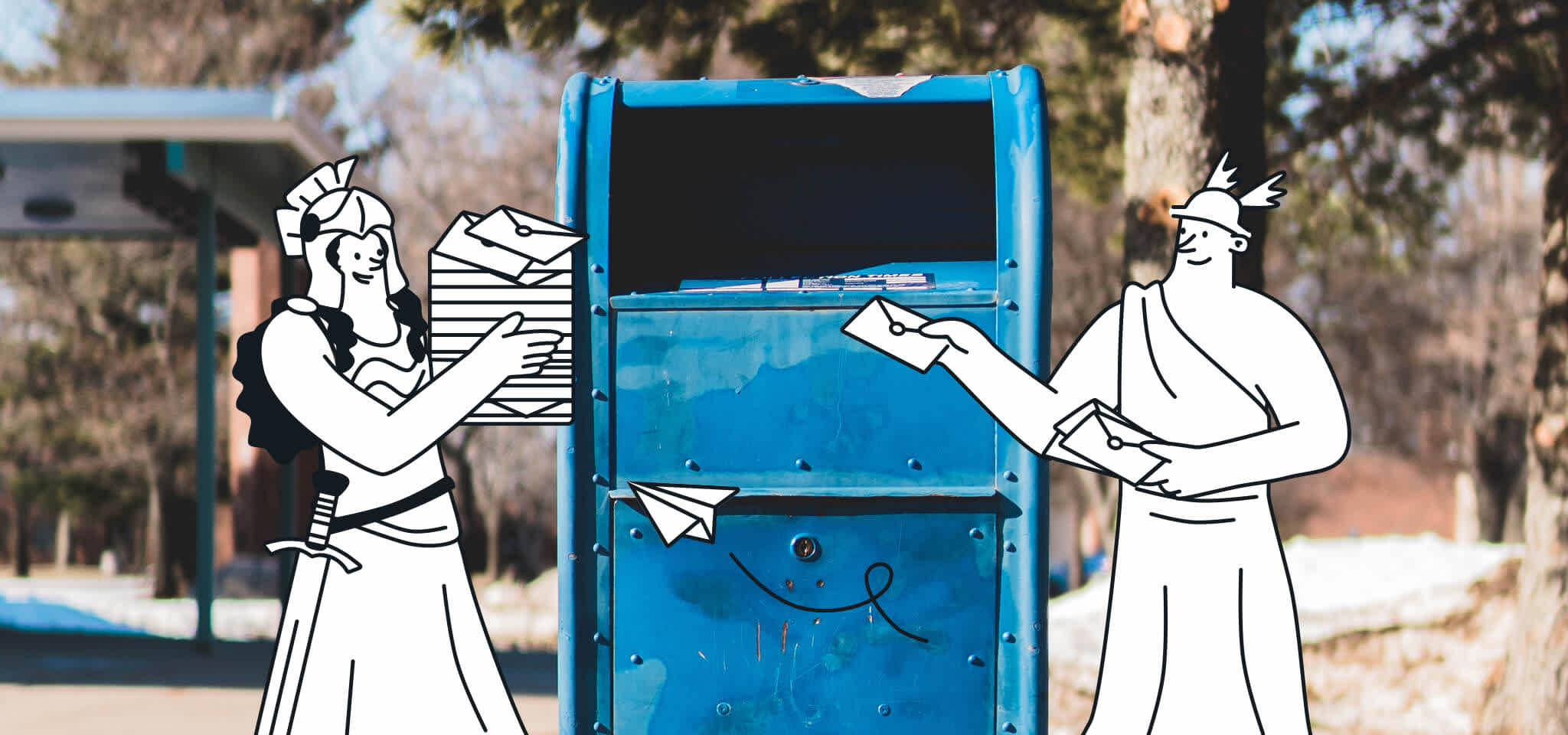 Gods putting mail in blue mailbox