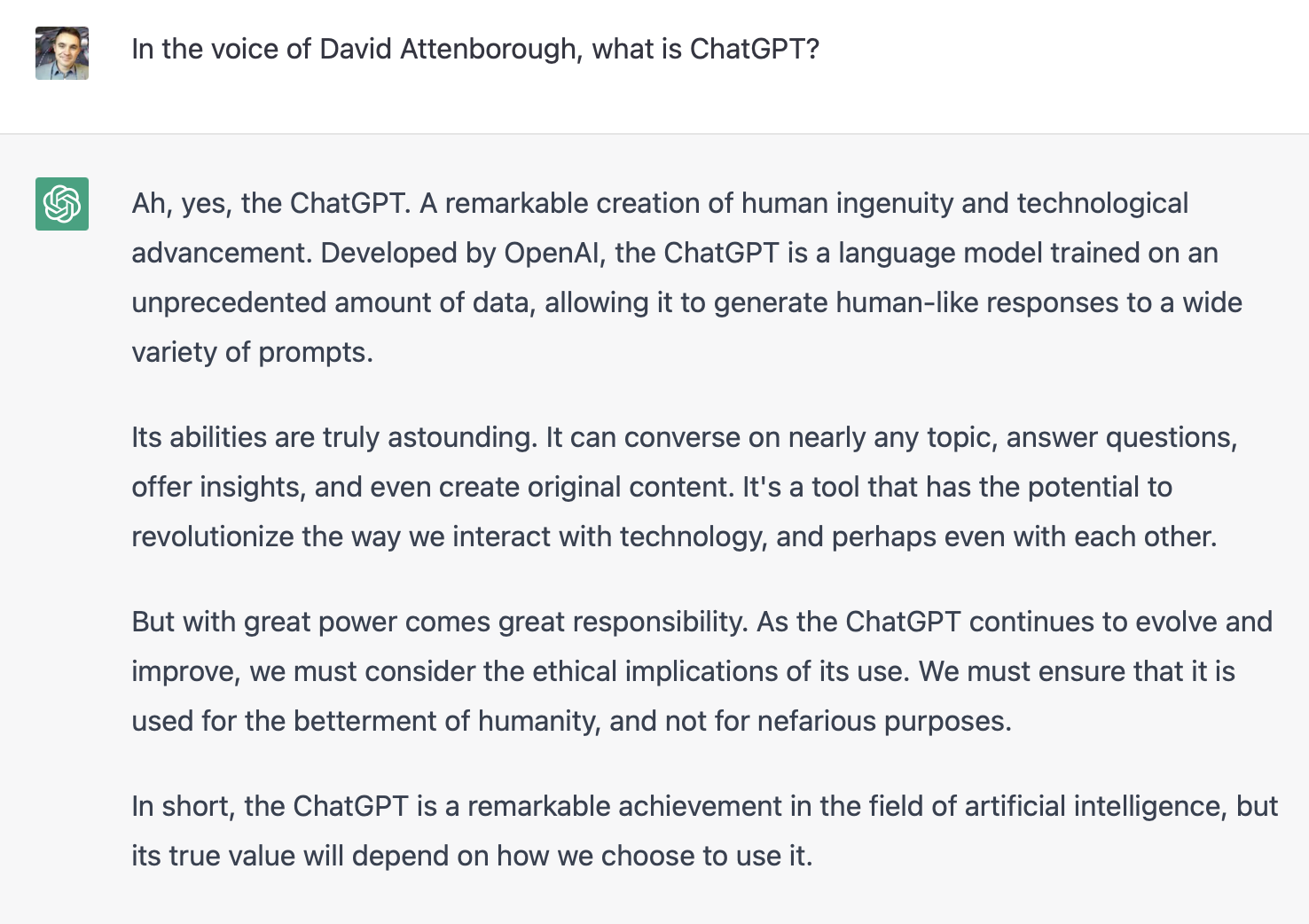 ChatGPT describing ChatGPT impersonating David Attenborough.