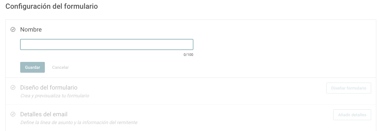 Captura de pantalla de la sección Configuración del formulario en Mailjet.