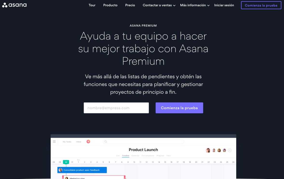 Ejemplo de página de destino para B2B de Asana.