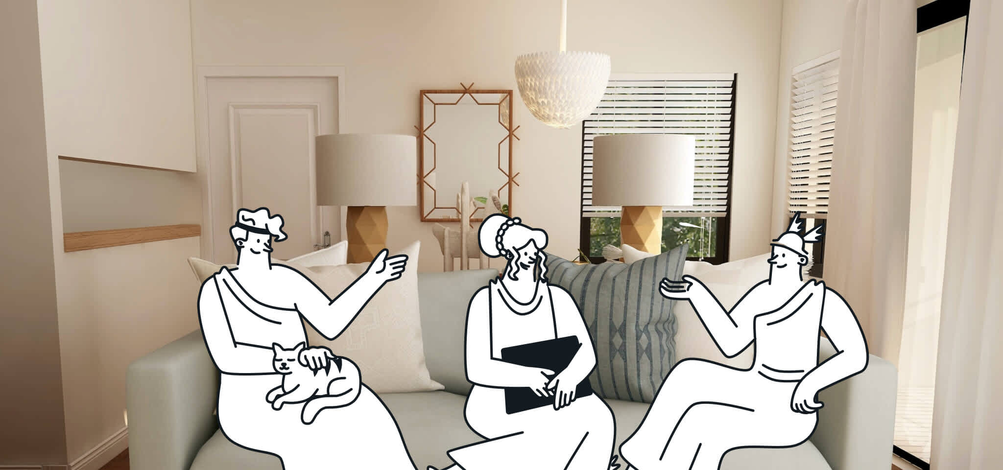 Gods discussing in a living room