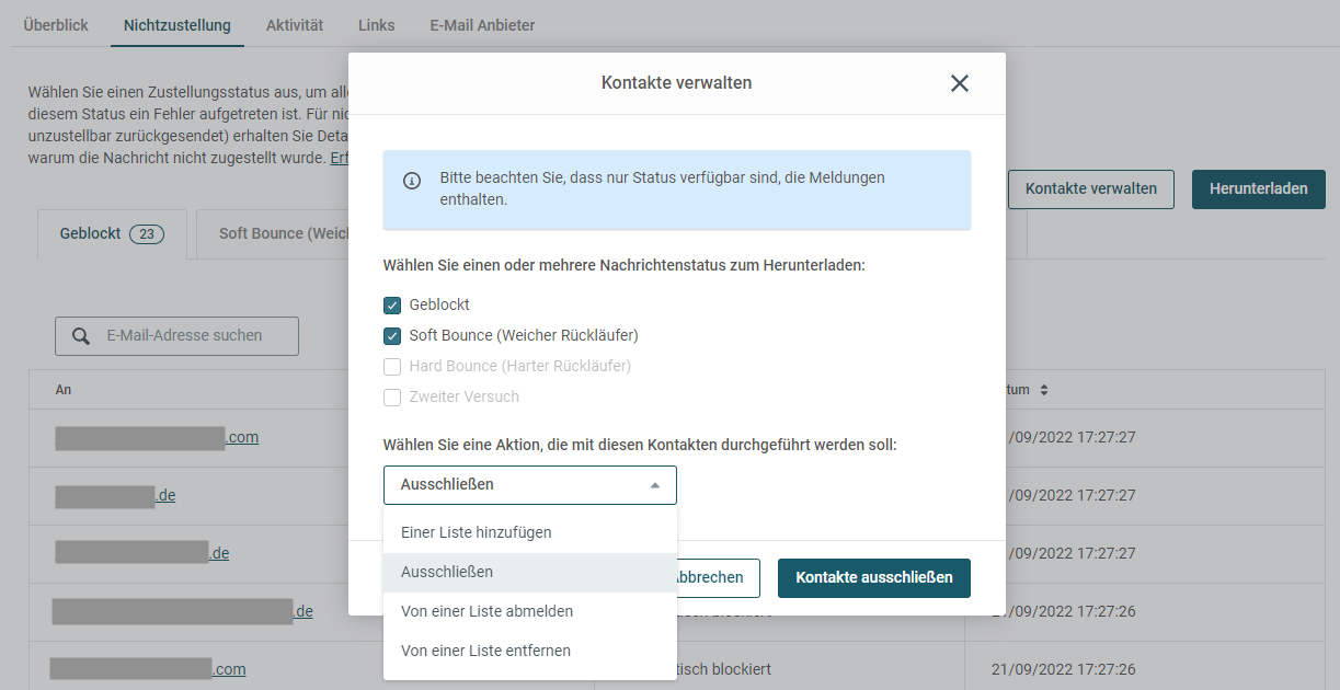 Auswahl der Empfänger mit dem Status “Bounce” in der E-Mail-Marketing Software von Mailjet