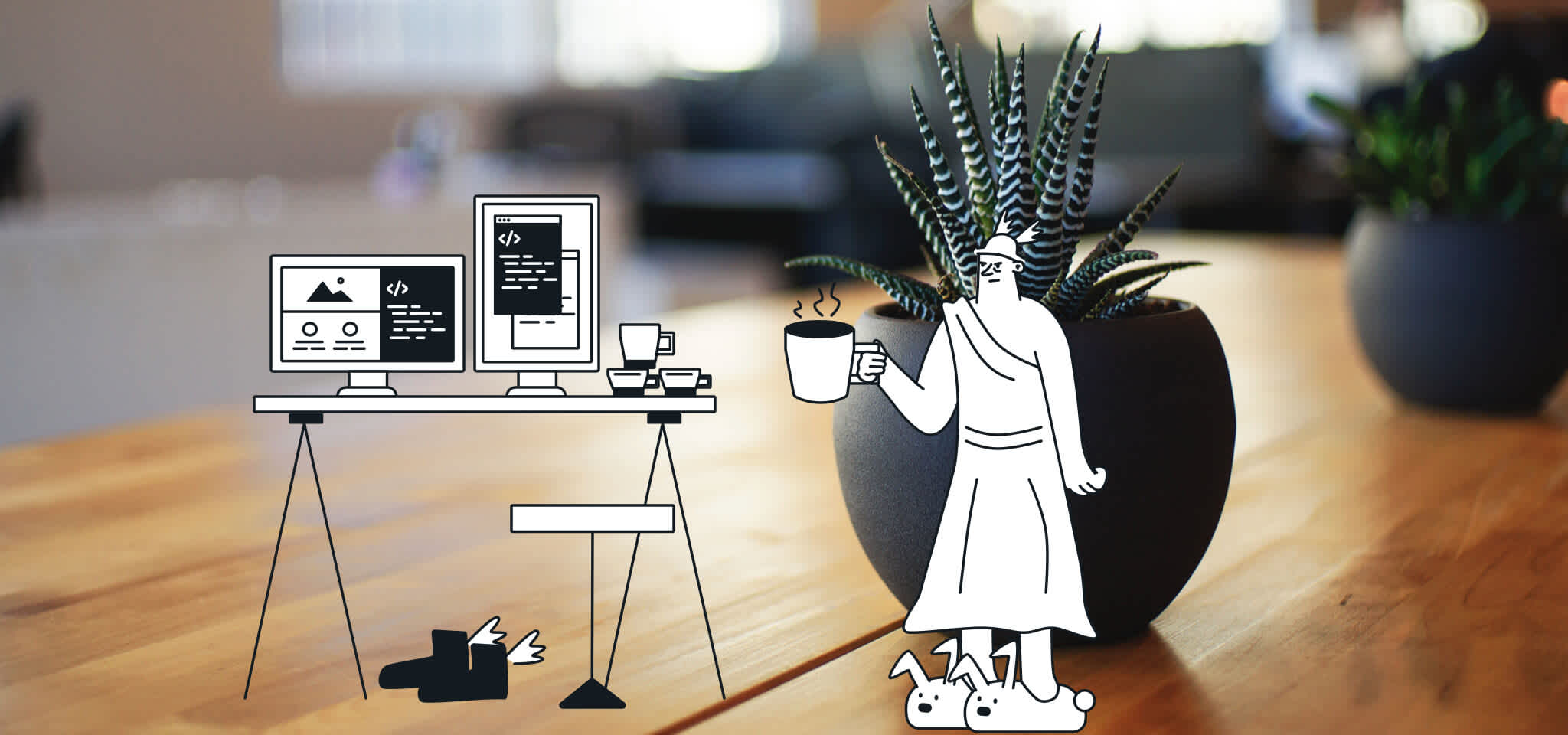Hermes with a coffee in office