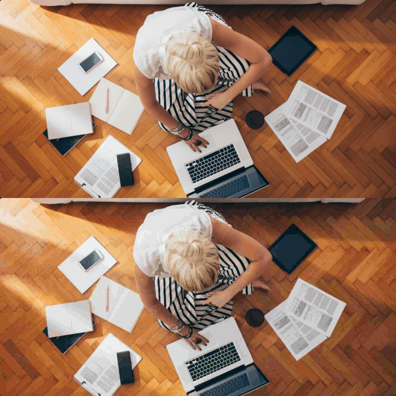 Vergleich von komprimierten PNG-Bild und JPEG-Bild, auf dem eine Frau, die auf dem Boden sitzt und an einem Laptop arbeitet, zu sehen ist.