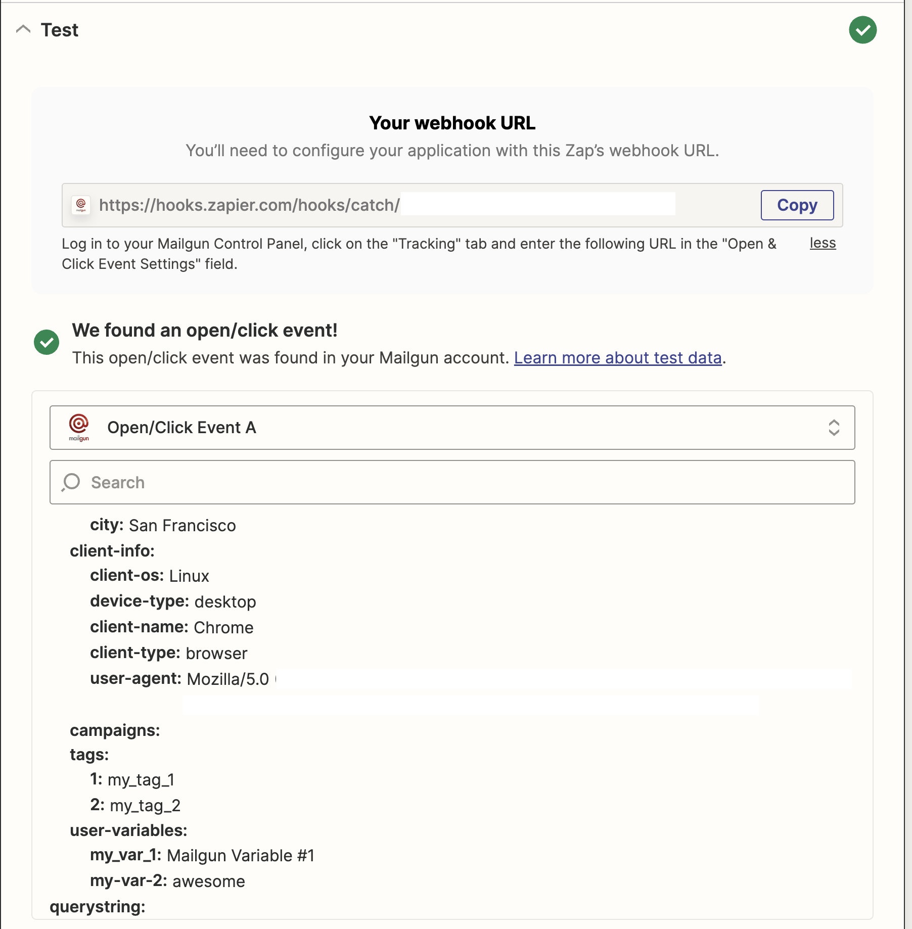 Zapier's webhook test screen