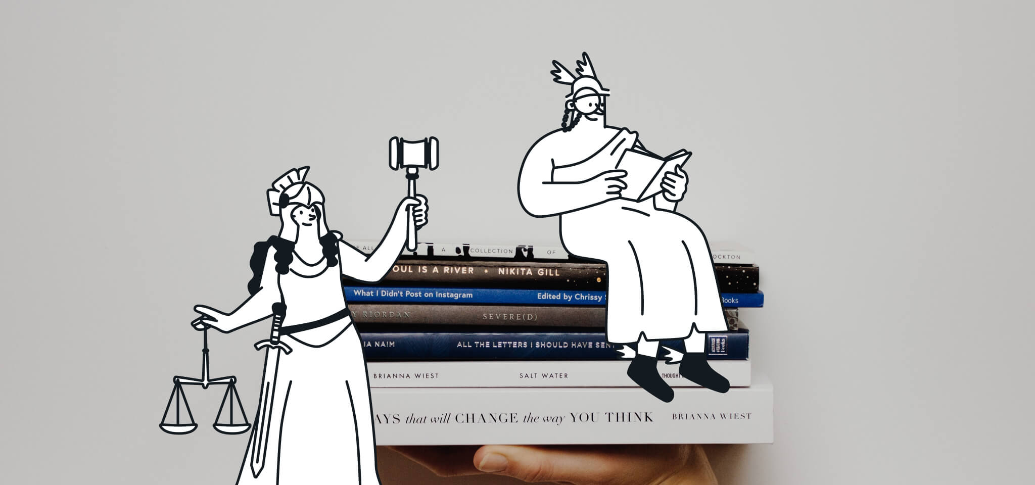 Hermes reads while a Goddess delivers justice on some books