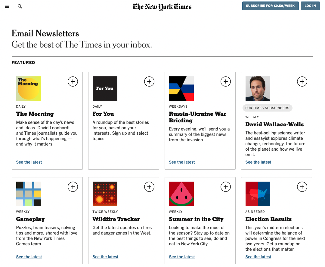 The New York Times newsletter subscription options.