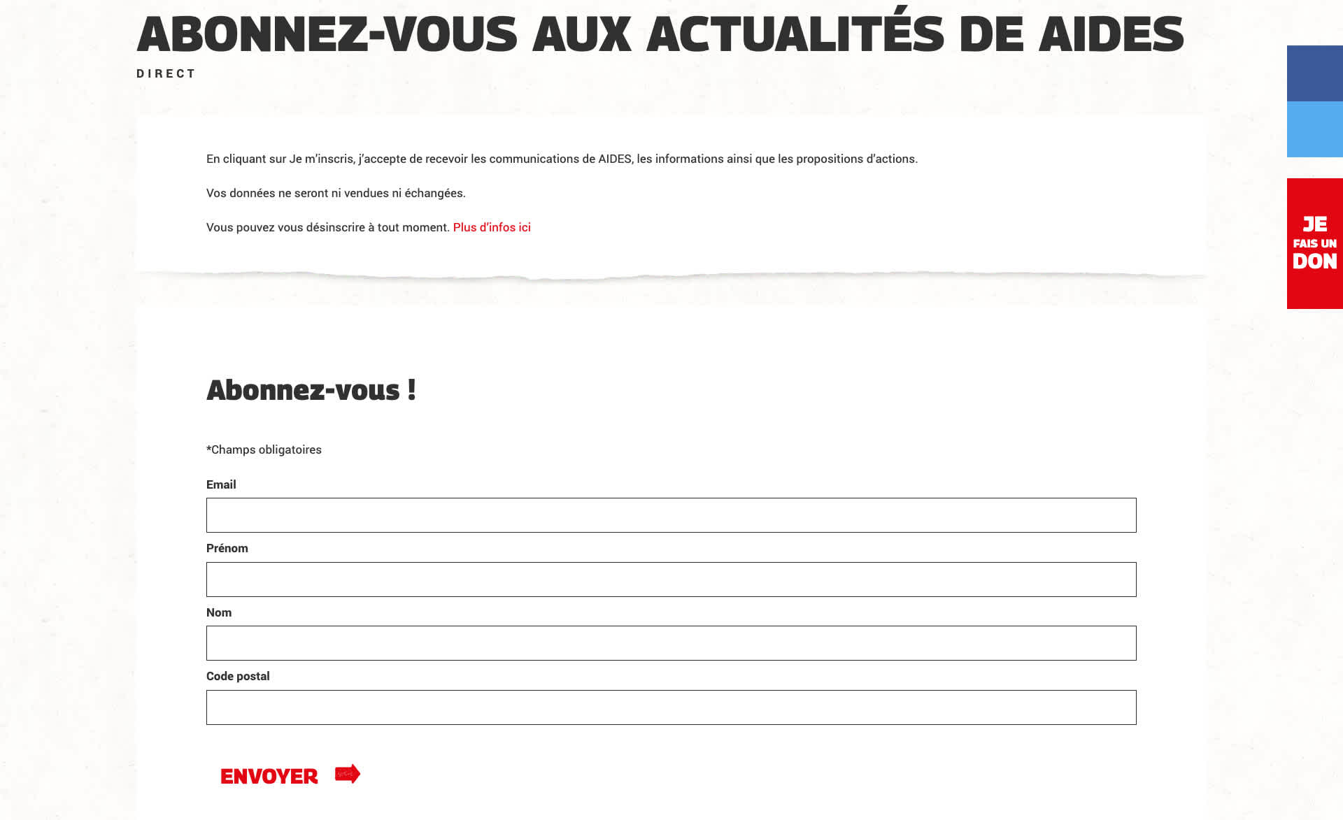 Formulaire d’inscription aux communications de l’association Aides