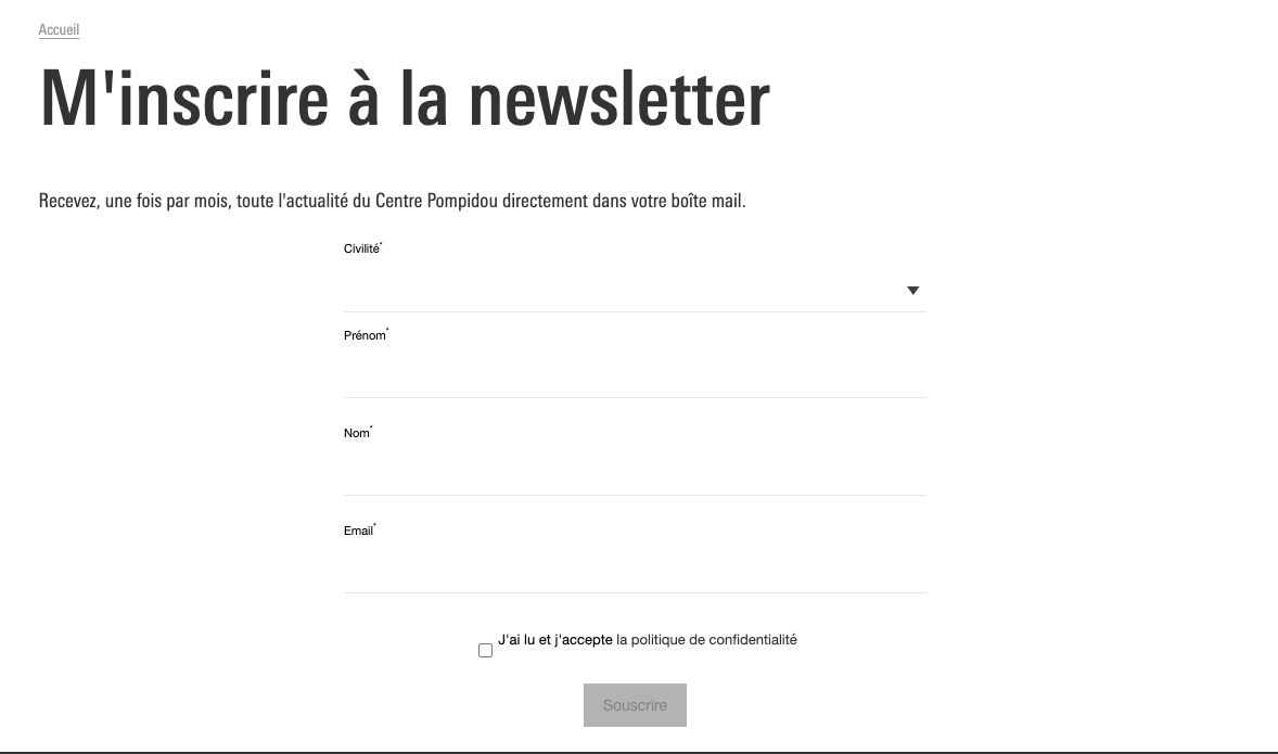 Capture d’écran du formulaire d’inscription à la newsletter du Centre Pompidou