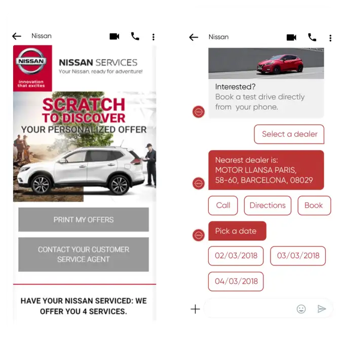 Two phones, one showing an email campaign and another one showing an RCS message with Nissan.