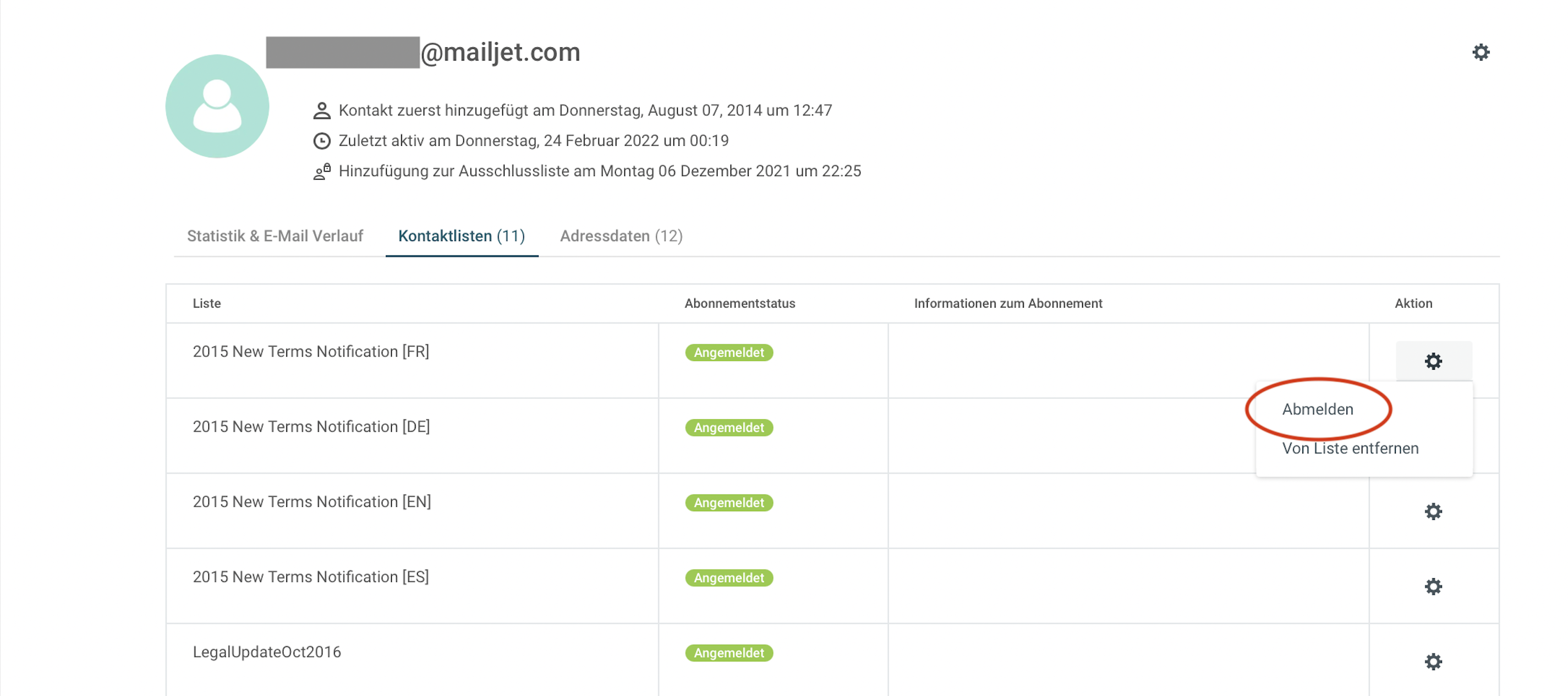 Austragen von Empfängern in der Kontaktverwaltung von Sinch Mailjet