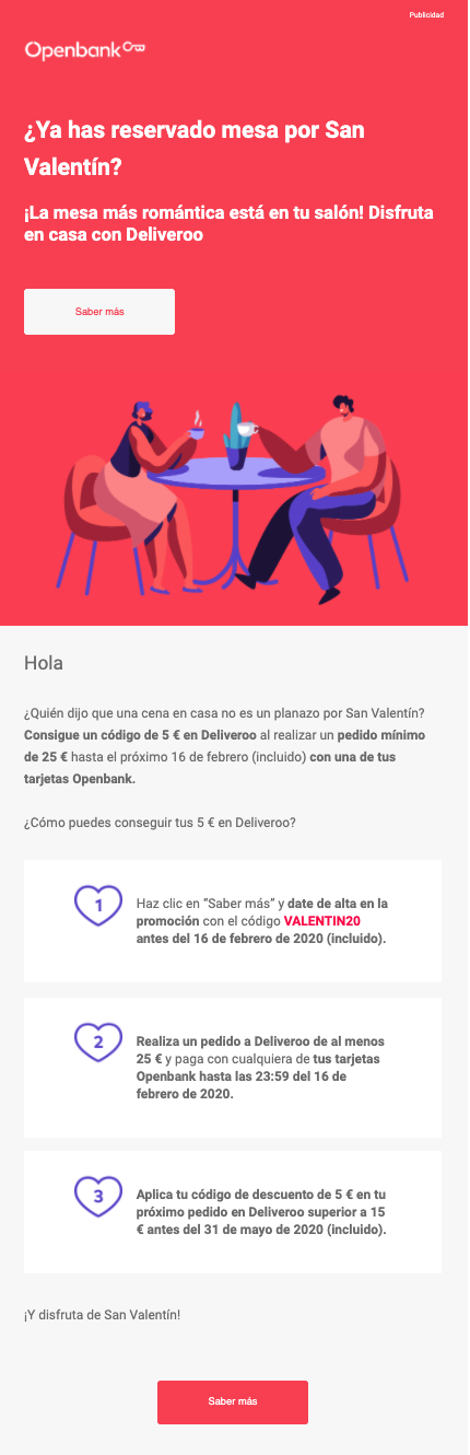 Campaña de Openbank de email para San Valentín.