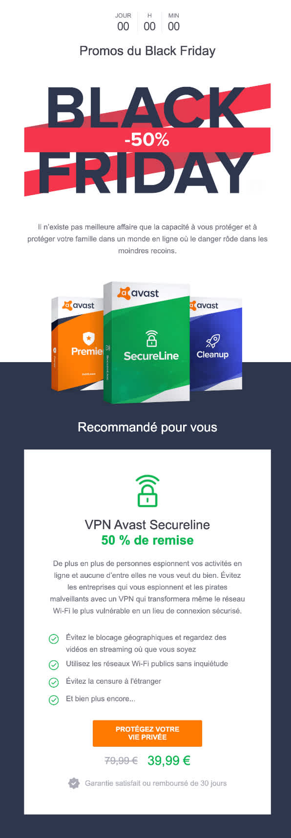 Capture d’écran d’un email de Black Friday envoyé par Avast