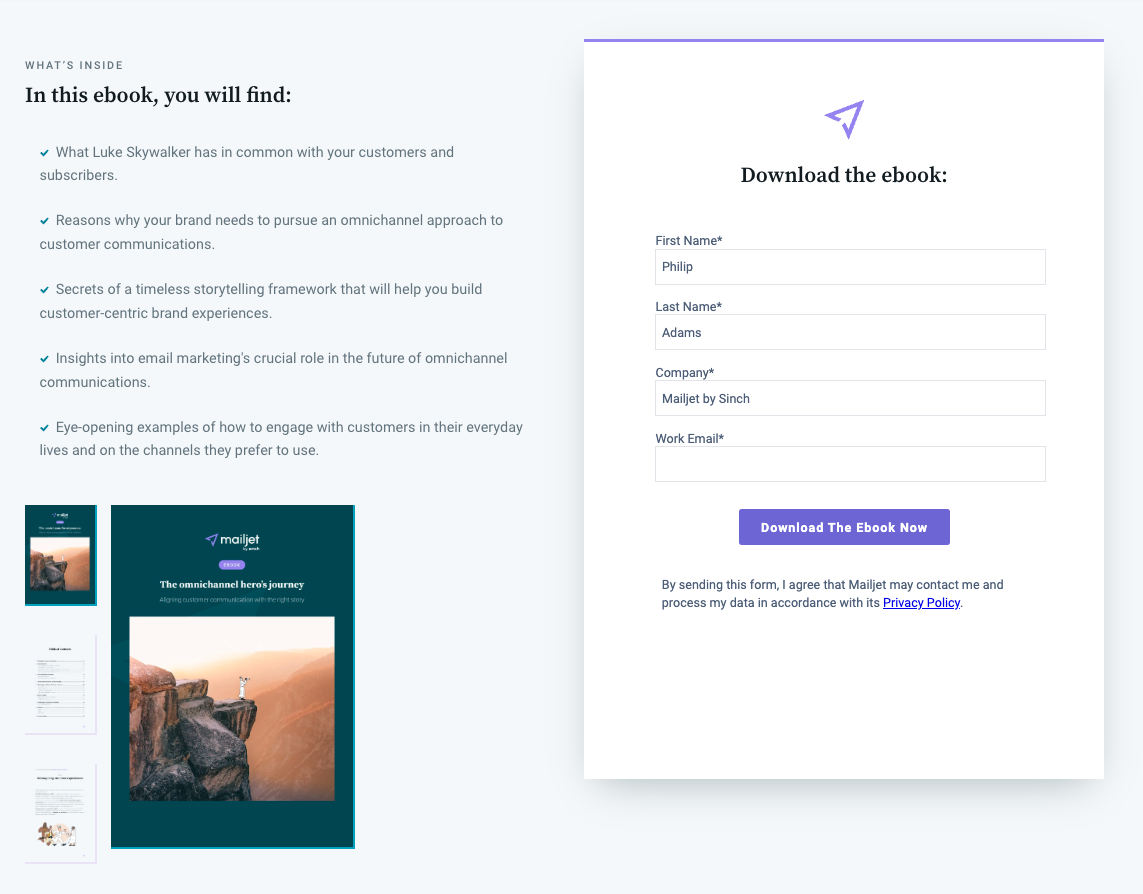 Landing page and download form